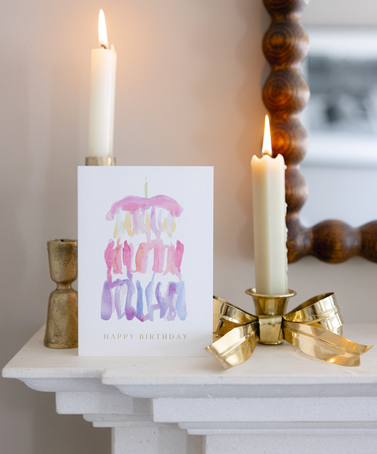 Watercolour Cake Card Handpainted Rainbow Happy Birthday